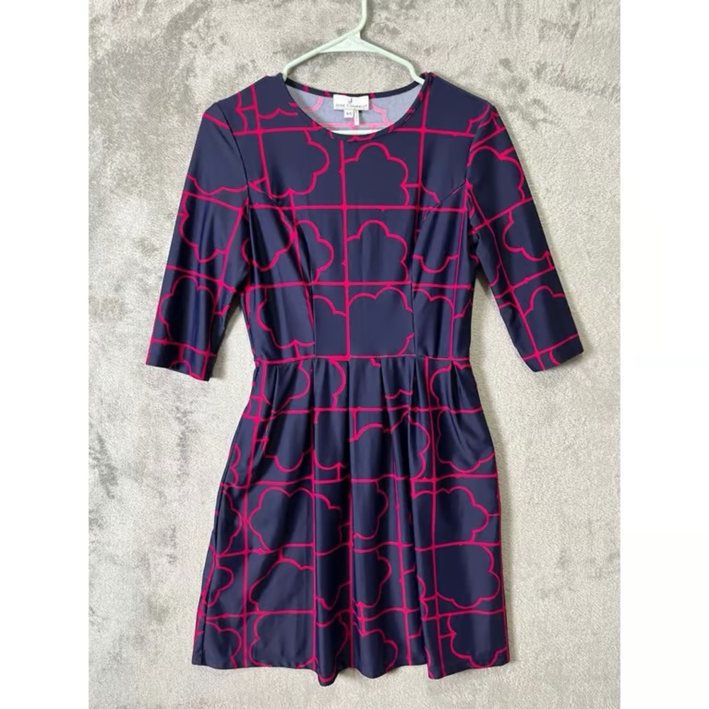 Women’s Navy and Fuchsia Patterned Fit-and-Flare Dress